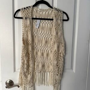 Garage Cream Crochet Fringed Macrame Vest